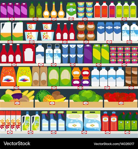 Store shelves with groceries background Royalty Free Vector