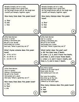 Poems- Lines, Stanzas, Meter, and Rhyme Scheme Quiz Cards by Miss Moe