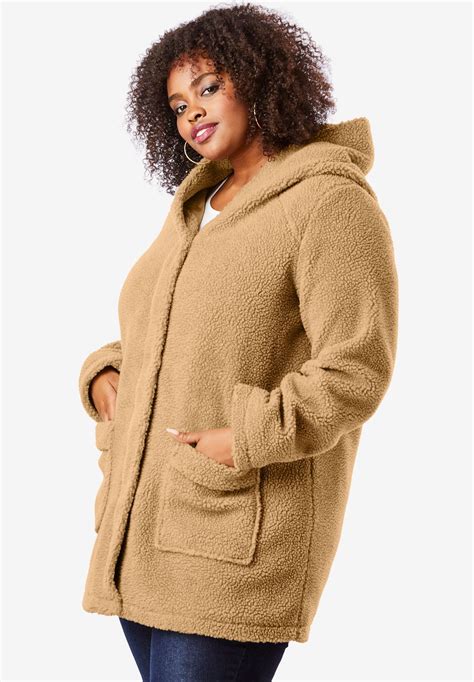 Hooded Textured Fleece Coat| Plus Size Wool & Fleece | Roaman's Fleece ...