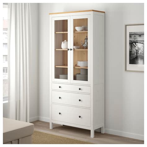 HEMNES glass-door cabinet with 3 drawers, white stain/light brown ...