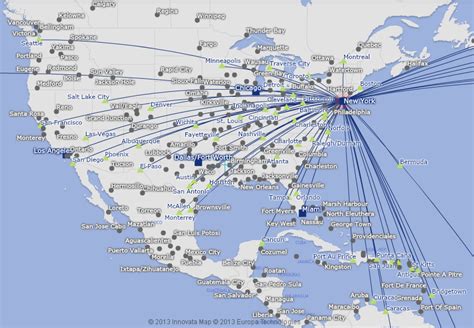 American Airlines route map - North America from New York JFK and LaGuardia