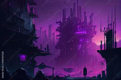 Cyberpunk, purple, fantasy art, city, fantasy city, concept art.Generative AI Stock Illustration ...