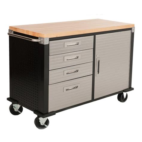 Seville HD 4ft Rolling Workbench Wood Top Four Drawer & Cabinet Garage ...