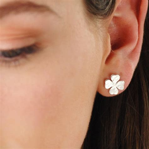 Hammered Silver Lucky Clover Leaf Stud Earrings By Penelopetom