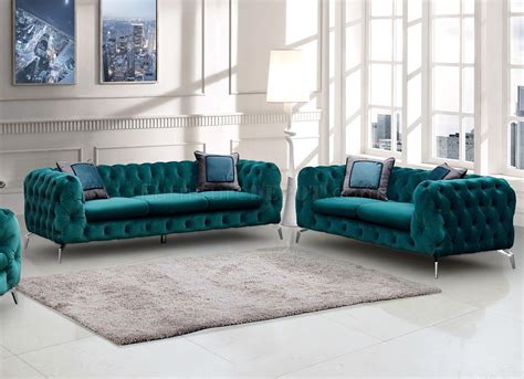 Aiden Sofa & Loveseat Set in Teal Velvet Fabric w/Options