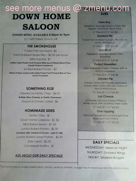 Online Menu of Down Home Saloon Restaurant, Avoca, Nebraska, 68307 - Zmenu