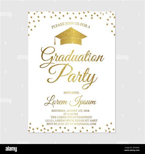 Graduation party invitation card template. Gold glitter polka dots grad ...