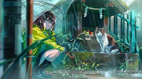 Anime Girl Cat Rain in Shrine 4K #3500h Wallpaper PC Desktop