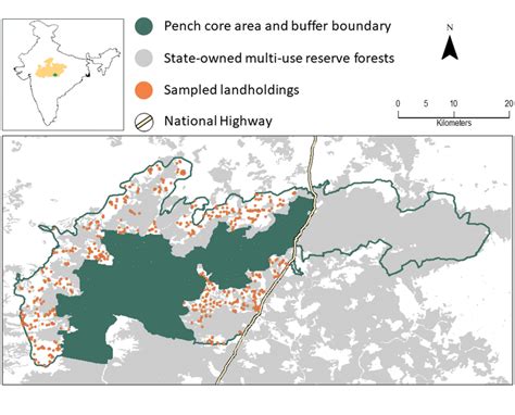 Map of the Pench Tiger Reserve (PTR), delineating the core area and the... | Download Scientific ...