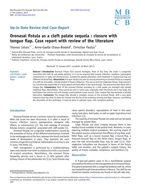 Oronasal Fistula As A Cleft Palate Sequela Closure With Tongue Flap | PDF | Surgery | Tongue