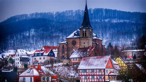 Germany, Thuringia, church, houses, town, trees, winter, dusk Wallpaper | 1920x1080 Full HD ...