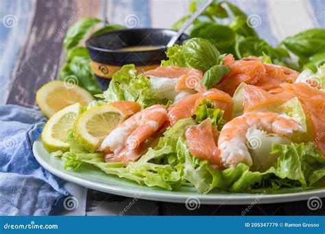 Salmon and prawn salad stock image. Image of dinner - 205347779