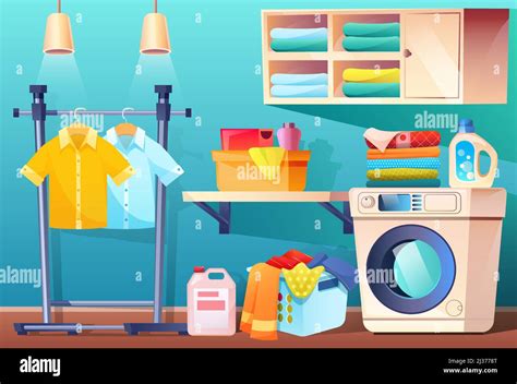 Laundry room with clean or dirty clothes and equipment and furniture ...