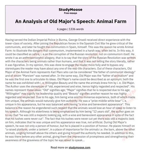 An Analysis of Old Major's Speech: Animal Farm Free Essay Example