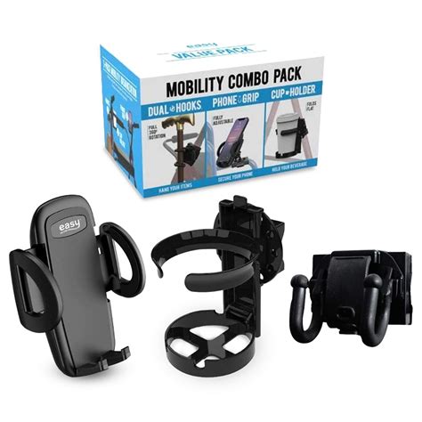 Easy to Use Mobility Accessories Pack : cup holder, phone grip, dual hooks