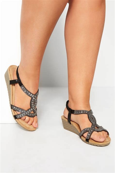 Black Diamante Twist Wedge Sandals In Extra Wide Fit | Yours Clothing