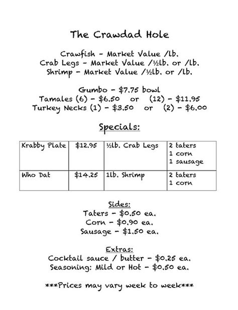 The Crawdad Hole Menu