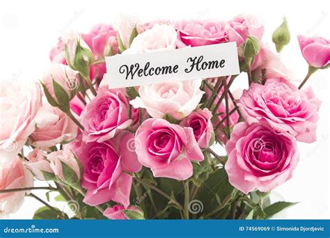 Welcome Home Card with Bouquet of Pink Roses Stock Image - Image of greeting, card: 74569069