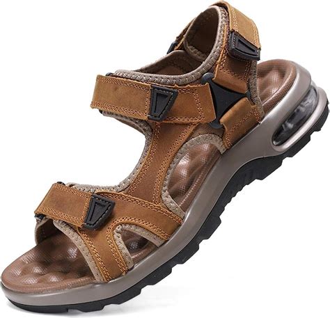 visionreast Men's Outdoor Sports Sandals Velcro Trekking Sandals Leather Beach Hiking Sandals ...