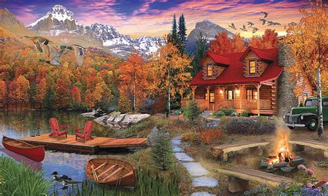 Log Cabin Mountain Scenery Wallpaper