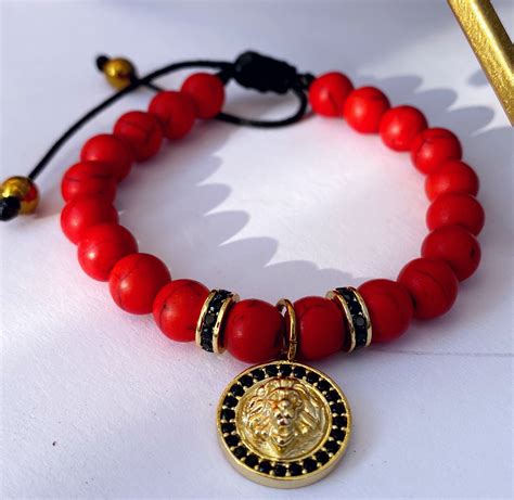 Red Beaded Bracelet Mens Beaded Bracelet Lion Bracelet - Etsy