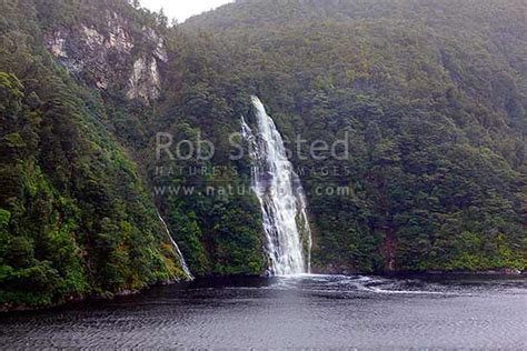 Waterfalls in Acheron Passage, draining lake and slopes near Mt Hodges (1042m), Dusky Sound ...