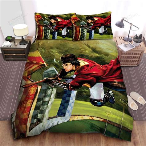 Harry Potter Riding Flying Broomstick In A Quidditch Match Painting Bed Sheets Duvet Cover ...