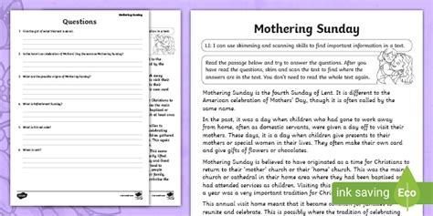 Mothering Sunday Skimming and Scanning Worksheet / Worksheet