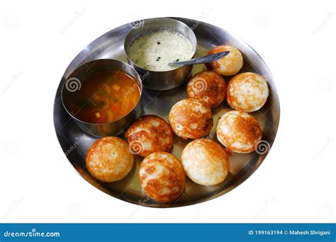 Low Angle View Of Traditional South Indian Homemade Paddu Rice Appe With Sambar, Chutney ...