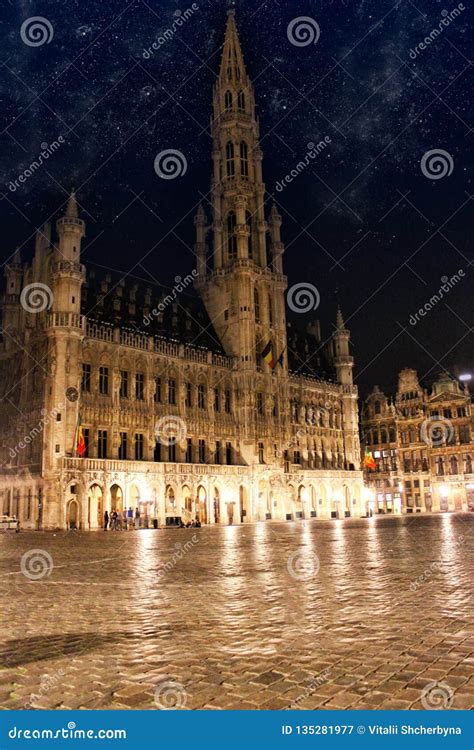 Grand Place in Brussels Belgium by Night with Star Stock Image - Image ...