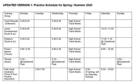 Tentative Training Schedule for Track & Field Season – Valley Royals Track & Field Club