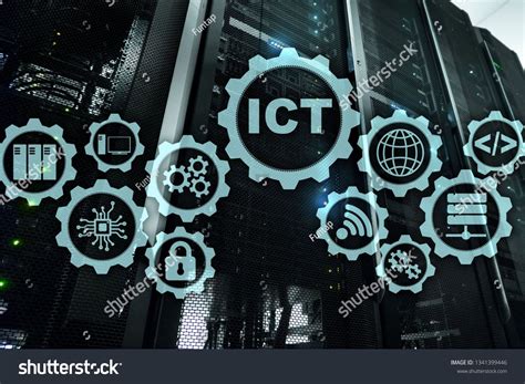 ICT. Information and communications technology on modern server room background. Virtual screen ...