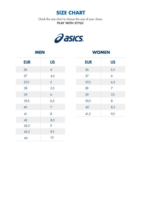 Size chart shoes Asics | AW LAB