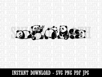 Cute Baby Panda Bear Cubs Eating and Sleeping B&W Clipart Digital Download