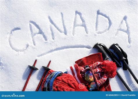 Canada Ski Vacation Concept, Word Written in Snow with Skiing Equipment Stock Image - Image of ...