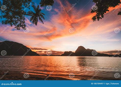 El Nido Bay and Cadlao Island at Sunset, Palawan, Philippines Stock Image - Image of beautiful ...