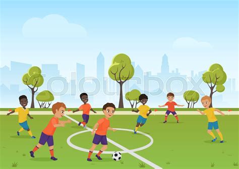 Kids soccer game. Boys playing soccer ... | Stock vector | Colourbox