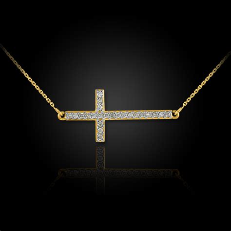 14K Gold Sideways Diamond Cross Pendant Necklace