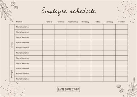 Free Latte Coffee Shop Employee Schedule template