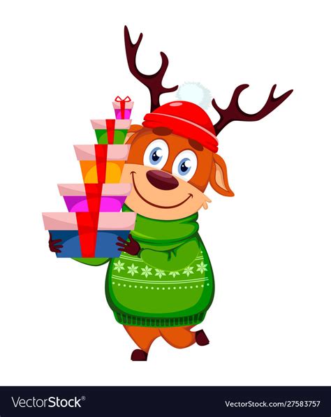 Funny reindeer holding gift boxes Royalty Free Vector Image