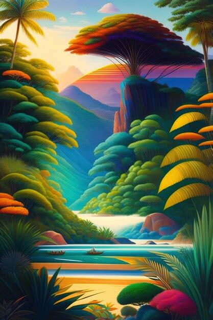 Premium AI Image | A painting of a river surrounded by trees and mountains.