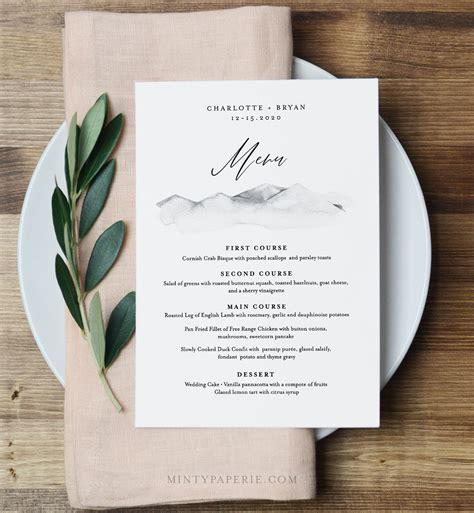 Mountain Wedding Menu Template, INSTANT DOWNLOAD, 100% Editable Text, Printable Dinner Menu Card ...