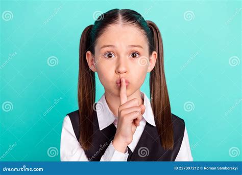 Photo Portrait Little Girl Keeping Finger Near Lips Secret Isolated Pastel Teal Color Background ...
