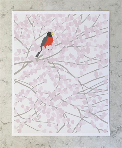 Cherry Blossom Art with Robin. Printed and Signed by Artist. Framed or Unframed. 140212.