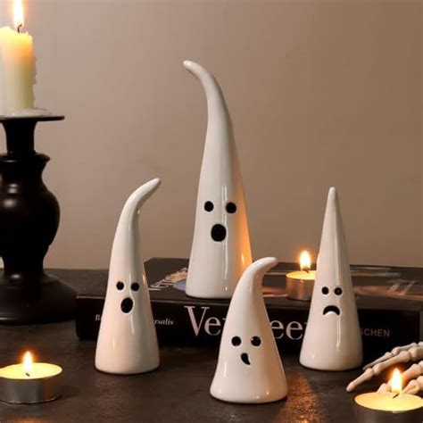 Amazon.com: Halloween Decor Ceramic Ghost Figurine: 4 pcs Cute White ...