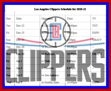 Printable Los Angeles Clippers schedule (and TV schedule) for 2020-21 ...