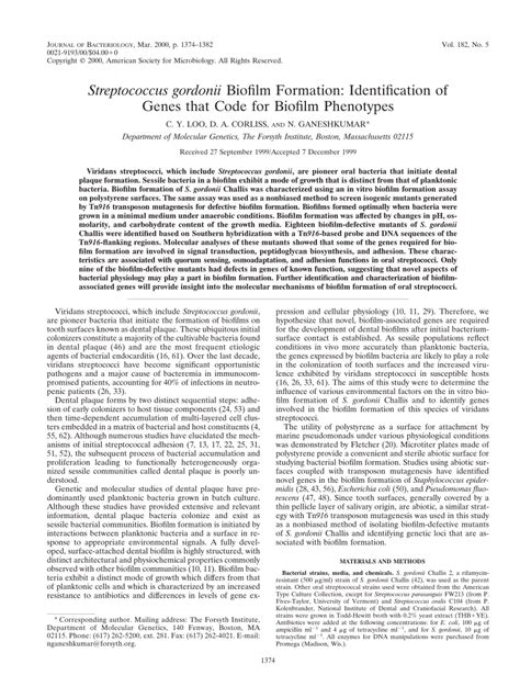 (PDF) Streptococcus gordonii Biofilm Formation: Identification of Genes ...