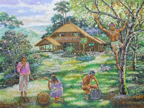 a painting of people in front of a cabin