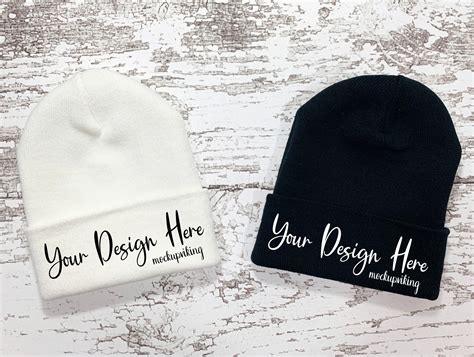 White and Black Beanie Mockup, Blank Beanie Flat Lay, Cuffed Beanie ...