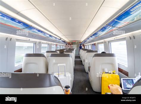 Interior of a business class cabin on a high speed Chinese bullet train ...